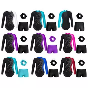 Детский гимнастический танцевальный наряд для девочек, купальник с длинными рукавами и блестящими стразами, купальник с вырезом на спине и V-образным поясом, шорты с повязкой для волос 5-6 Years фиолетовый