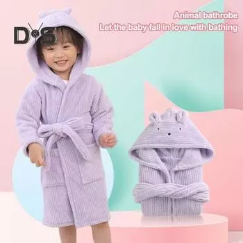 Детский халат с капюшоном и поясом с карманами, толстый, мягкий, быстро впитывающий воду, однотонный халат для мальчиков и девочек, пижама, одежда для сна L фиолетовый