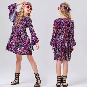 Детский хиппи фиолетовый костюм 70-х 60-х годов винтажный диско-костюм платья для девочек на Хэллоуин карнавал фестиваль вечеринка сценический наряд головной платок наряд 130