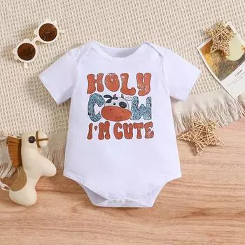 Детский хлопковый комбинезон с принтом «Holy Cow I m Cute» с короткими рукавами 1-3M