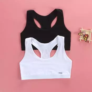 Детский хлопковый тренировочный бюстгальтер, нижнее белье с буквенным принтом и овальным вырезом для подростков 8–14 лет one size чёрный