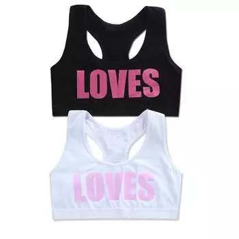 Детский хлопковый тренировочный бюстгальтер, нижнее белье с буквенным принтом и овальным вырезом для подростков 8–14 лет one size чёрный