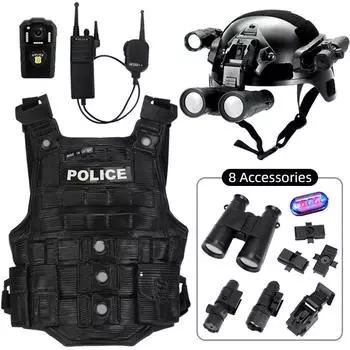 Детский игрушечный полицейский набор, полное тактическое снаряжение со шлемом, рацией, нательной камерой и аксессуарами COS