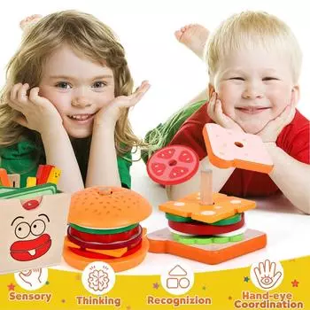 Детский имитационный деревянный бургер по загадке с картофелем фри, сэндвич-гвоздики в сочетании с игрушками-головоломками, которые можно вырезать и собрать One Size