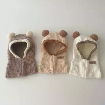 Детский капюшон, цельный шарф, шапка, зимняя теплая вязаная защита ушей, балаклава, однотонный ветрозащитный головной убор для младенцев, чепчик хаки