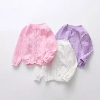 Детский кардиган для девочек, вязаный свитер с длинными рукавами, однотонный топ с вырезом 120