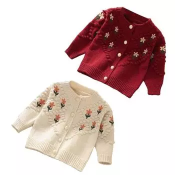 Детский кардиган для девочек, жаккардовый свитер с длинным рукавом, вязаное пальто 90