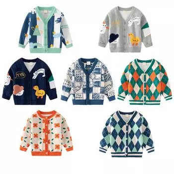 Детский кардиган с длинными рукавами для мальчиков и девочек, вязаное пальто с принтом и застежкой на пуговицы 110