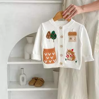 Детский кардиган с вышивкой из мультфильмов, детский хлопковый кардиган с круглым вырезом, пальто унисекс, повседневная детская трикотажная одежда на пуговицах bafanou 83354 66cm(3-6M) белый
