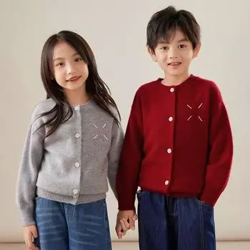 Детский кардиган унисекс с круглым вырезом Qinghe кашемир 30% кашемир 70% шерсть детский осенне-зимний кашемир мягкий и теплый 110 красный