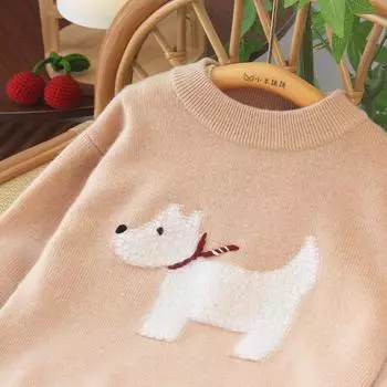 Детский кашемировый свитер Little Lamb с рисунком мультяшной собаки, зимний круглый вырез, утолщенный для тепла 80cm бежевый