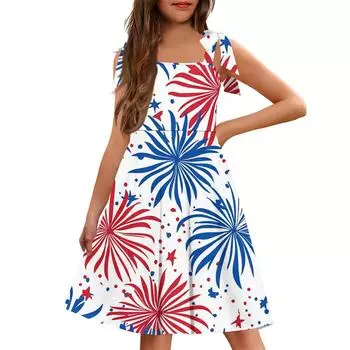 Детский комбинезон без манжет с карманом, квадратным вырезом горловины, повседневное платье с принтом ко Дню Независимости 150 тёмно-синий