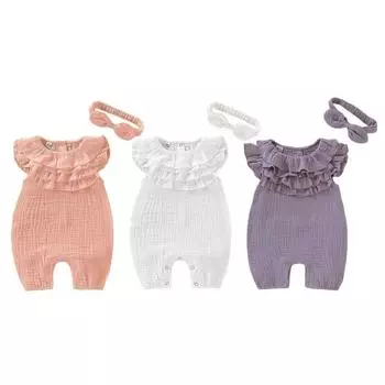 Детский комбинезон без рукавов + комплект из 2 предметов с головным убором, летний однотонный хлопково-льняной комбинезон для новорожденных девочек, одежда для ползания для малышей S розовый