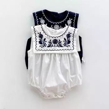 Детский комбинезон без рукавов с вышивкой, летняя темно-синяя ветрозащитная одежда 90