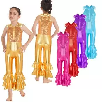 Детский комбинезон для девочек, боди без рукавов, многоуровневые брюки-клеш, стильный танцевальный гимнастический трико, комбинезон 5-6 Years золотой