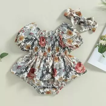Детский комбинезон для девочек с цветочным принтом, короткими рукавами-фонариками, юбкой, подолом, летние комбинезоны с повязкой на голову 6-12 Months