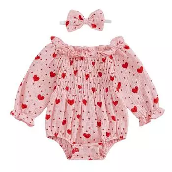 Детский комбинезон для девочек с принтом в виде сердца, длинный рукав, комбинезон и симпатичная повязка на голову для малышей 3-6 Months розовый