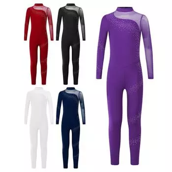 Детский комбинезон для девочек со стразами, с длинными рукавами, на все тело, комбинезон, купальник, комбинезон для балета, танцев, гимнастики 5-6 Years бордовый