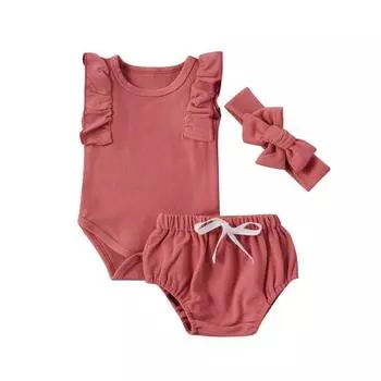Детский комбинезон из хлопка без рукавов для маленьких мальчиков и девочек, однотонная одежда для ползания, шорты, повязка на голову, комплект из 3 предметов S