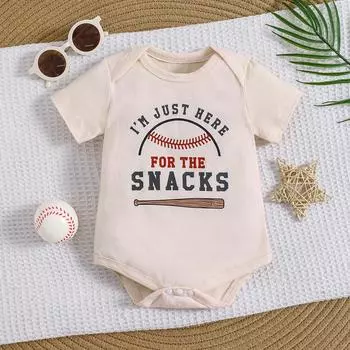 Детский комбинезон из хлопка с принтом бейсбольного узора «Я здесь только ради закусок» с короткими рукавами 1-3M