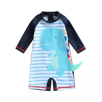 Детский комбинезон, купальник для детей 1 года, 2 лет, 3 лет, 4 лет, 5 лет, 6 лет, рукава 3/4, круглый вырез, полосатый динозавр, принт, летние пляжные купальники для девочек и мальчиков