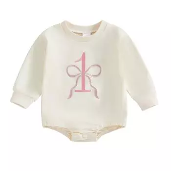 Детский комбинезон на день рождения для девочки с вышитым бантом и номером, с круглым вырезом, длинными рукавами, толстовка, комбинезон на осень-зиму 6-12 Months бежевый