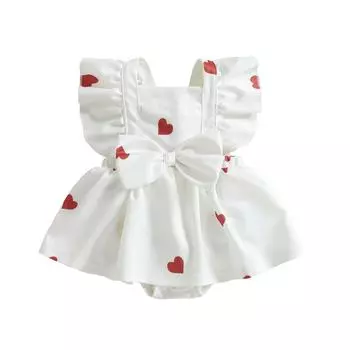 Детский комбинезон на День святого Валентина для девочек с рукавами-крылышками и квадратным вырезом, с принтом в виде сердца и бантом 6-12 Months