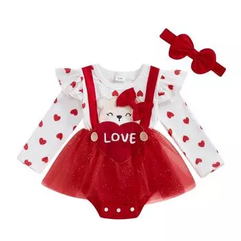 Детский комбинезон на День святого Валентина для девочек, длинный рукав, О-образный вырез, принт в виде сердца, с повязкой на голову 6-9 Months красный