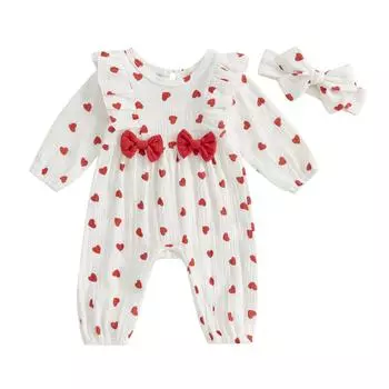 Детский комбинезон на День святого Валентина с принтом в виде сердца, длинными рукавами, круглым вырезом, оборками и повязкой на голову с бантом 0-3 Months розовый