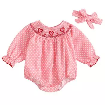 Детский комбинезон на День святого Валентина с вышитыми сердечками и точками, с длинными рукавами, присборенный, с круглым вырезом, оборками, осенний комбинезон, повязка на голову 6-12 Months розовый