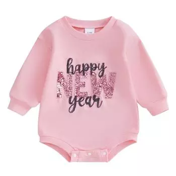 Детский комбинезон на Новый год с пайетками и буквами, длинный рукав, круглый вырез, комбинезон-пузырь для девочки, осень-зима 12-18 Months розовый