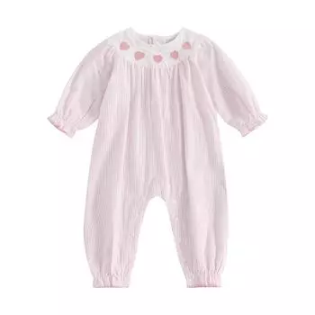 Детский комбинезон на осень для девочек с длинными рукавами и круглым вырезом, вышитыми сердечками и полосками, детский наряд 9-12 Months розовый