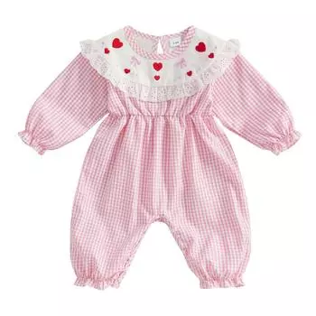 Детский комбинезон на осень с длинными рукавами и кружевным принтом в клетку, весенний наряд для малышей 3-6 Months розовый