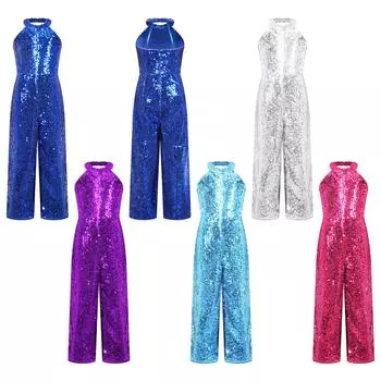 Детский комбинезон с блестящими пайетками для девочек, комбинезон для джазового балета, танцевального костюма для выпускного вечера, широкие брюки, нарядное боди 5-6 Years королевский синий