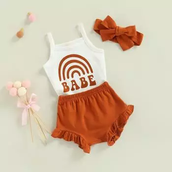 Детский комбинезон с буквенным принтом и радужным принтом, комбинезон без рукавов + эластичные шорты с высокой талией + мягкая повязка для волос 0-3 Months белый