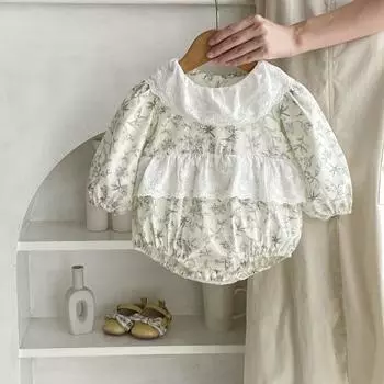 Детский комбинезон с цветочным принтом для девочек, кружевной комбинезон с длинными рукавами для новорожденных, комбинезон для девочек на осень и весну bafanou 62173 66cm(3-6M) бежевый