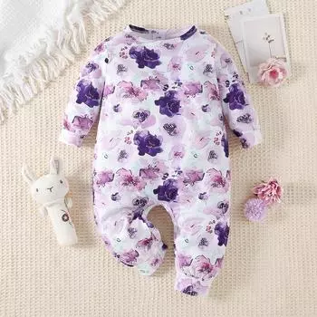 Детский комбинезон с цветочным принтом для девочек, повседневный комбинезон с длинными рукавами 9-12M