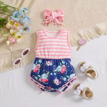 Детский комбинезон с цветочным принтом для девочек 1-18 месяцев, боди с повязкой на голову 3-6M