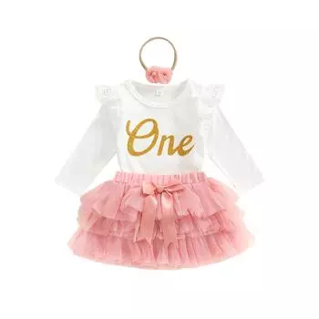 Детский комбинезон с длинными рукавами для девочек + юбка + повязка на голову, праздничная одежда с кружевной сеткой и принтом в виде букв 6-12 Months розовый