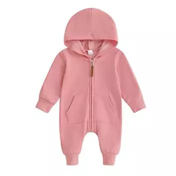 Детский комбинезон с длинными рукавами и капюшоном на молнии, однотонный осенний комбинезон для мальчиков и девочек 3-6 Months розовый