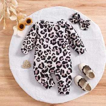 Детский комбинезон с длинными рукавами и повязка на голову с леопардовым узором для девочки 3-6M