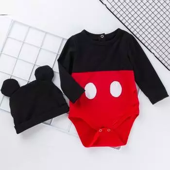 Детский комбинезон с длинными рукавами и шапочкой для новорожденных на весну и осень - унисекс 80 (12-24 months) чёрный/красный