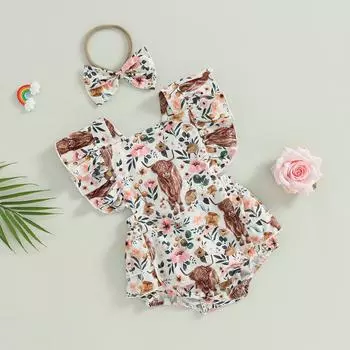 Детский комбинезон с повязкой на голову, летний комбинезон с рукавами-крылышками и квадратным вырезом, головной убор с принтом быка 0-6 Months