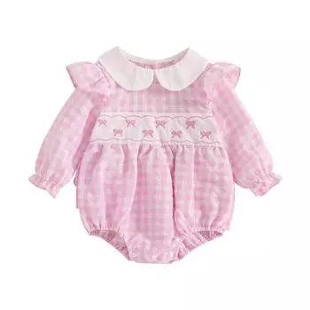Детский комбинезон с вышитым бантом для девочки, кукольный воротник, оборка, длинный рукав, боди, одежда на весну и осень 0-3 Months розовый