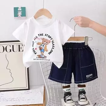 Детский комплект Cartoon Bear Футболка с короткими рукавами для мальчиков Повседневные джинсовые шорты Удобная одежда Для маленьких мальчиков S белый