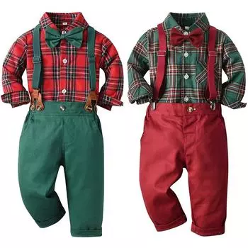 Детский комплект церемониальной одежды джентльмена для мальчиков, рубашка на пуговицах с длинными рукавами в клетку с лацканами и брюки на подтяжках 130