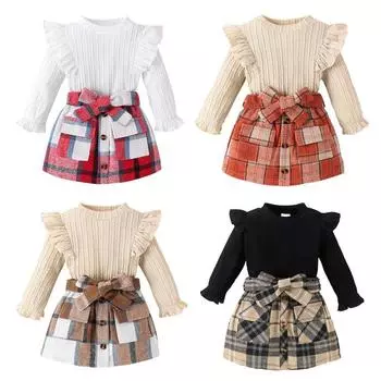 Детский комплект детской одежды с топом с длинными рукавами для девочек и клетчатой юбкой с бантом 6-12M
