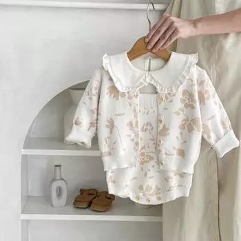 Детский комплект для девочек с цветочным узором, детский жаккардовый кардиган, комбинезон, милый комплект детской вязаной одежды bafanou 86173 66cm(3-6M)