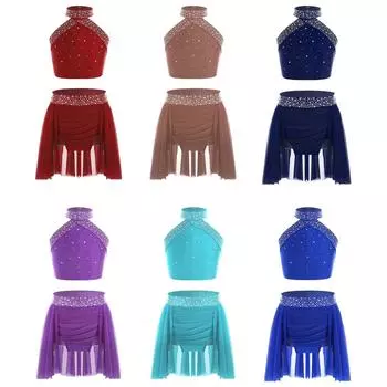 Детский комплект для лирических танцев для девочек, современный костюм, укороченный топ со стразами и купальником с юбкой, одежда для катания на коньках и балета 5-6 Years синий