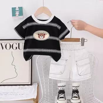 Детский комплект для мальчиков 0-5 лет Футболка в полоску с короткими рукавами Повседневные шорты Комплект из двух предметов Одежда для мальчиков с мультяшным плюшевым мишкой S чёрный